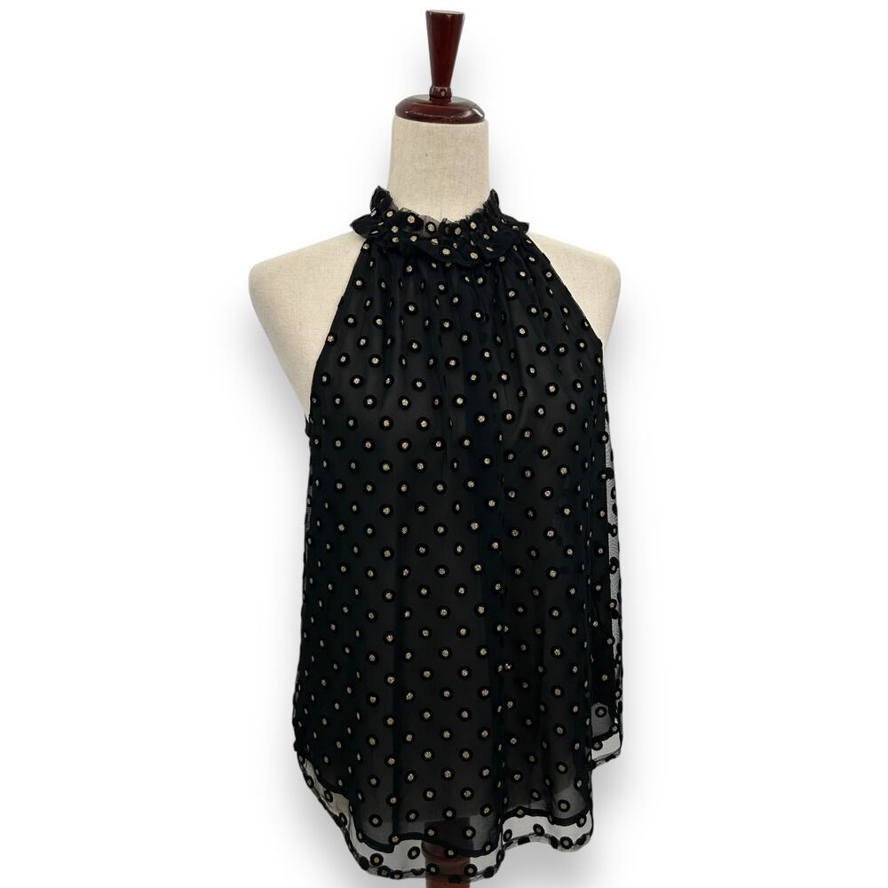 LOFT Black & Gold Polka Dot Velvet Detail Sleeveless Blouse | Size Small | NWT - Picture 2 of 13